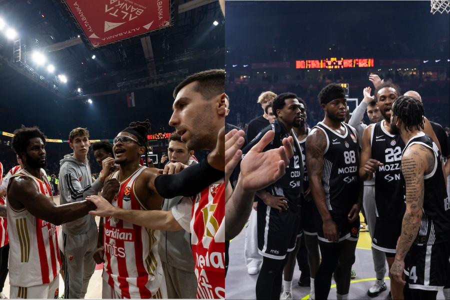 Košarkaši Crvene zvezde posle Barselone (Foto: Starsport/Peđa Milosavljević), Košarkaši Partizana posle Bajerna (Foto: Starsport/Peđa Milosavljević)